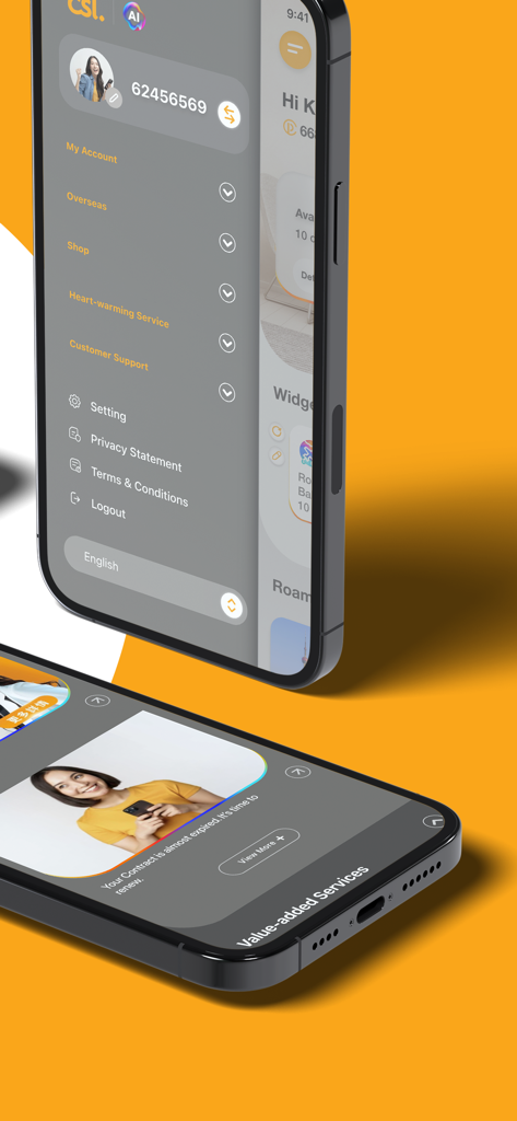 csl. - Screenshot of the csl mobile app showing the account menu and value added services management on two smartphones