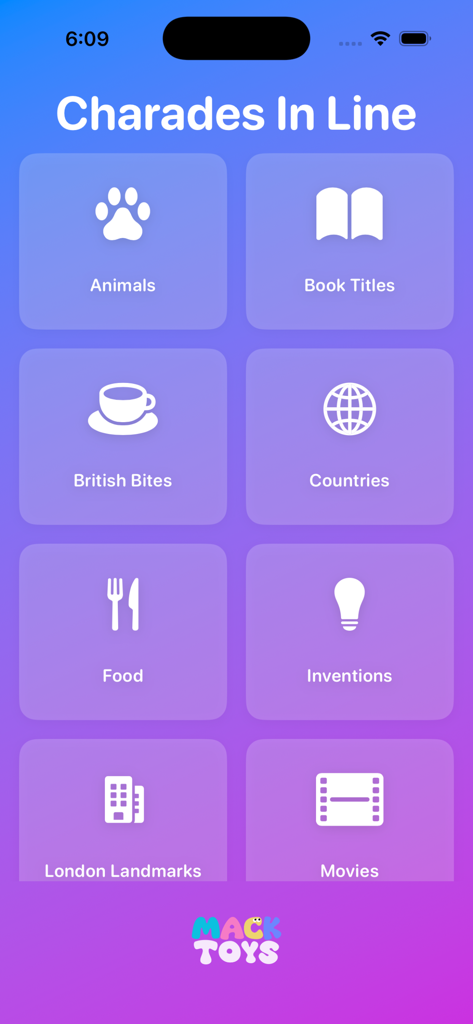 Charades In Line - Menu de seleção de categoria para o aplicativo de jogo de festa Charades In Line
