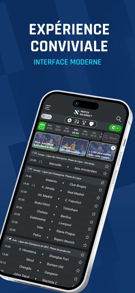 Modern interface of the Match en Direct app showing soccer match schedules and live scores