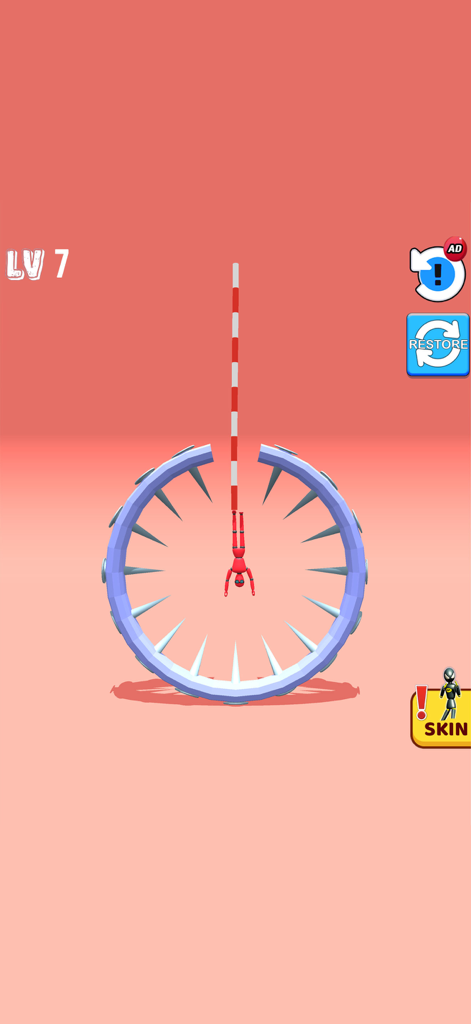 Kick & Break Ragdoll Simulator - A red ragdoll character hanging from a pole inside a circular spiked trap in a physics based mobile game