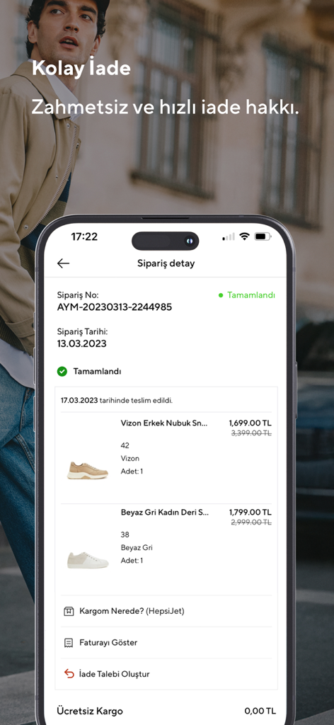 Divarese mobile app interface showing order summary and easy return options for premium footwear.