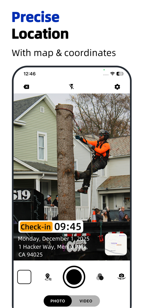 Screenshot der Timestamp Camera App, die einen Arbeiter auf einer Baustelle mit GPS-Adresskarte und Zeitstempel zur Verifizierung zeigt.
