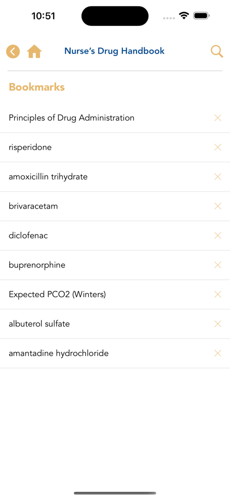 La pantalla de marcadores en la aplicación Nurses Drug Handbook que muestra una lista de medicamentos guardados y pautas clínicas.
