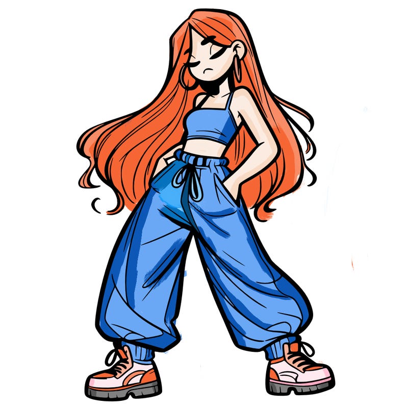 girl in baggy pants crop top and long hair