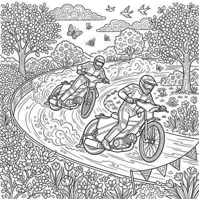 Witness the thrill of speedway racers kicking up dust on an oval track, beautifully framed by a lively spring landscape. This engaging coloring page is filled with blooming flowers, playful butterflies, and dynamic action, offering a vibrant scene to bring to life.