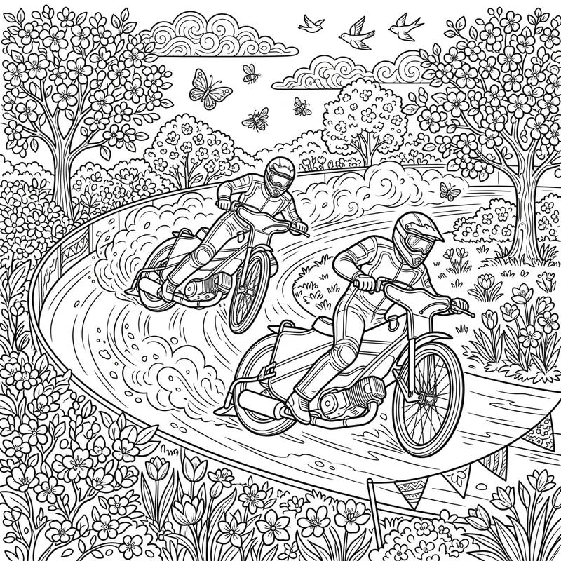 Witness the thrill of speedway racers kicking up dust on an oval track, beautifully framed by a lively spring landscape. This engaging coloring page is filled with blooming flowers, playful butterflies, and dynamic action, offering a vibrant scene to bring to life.