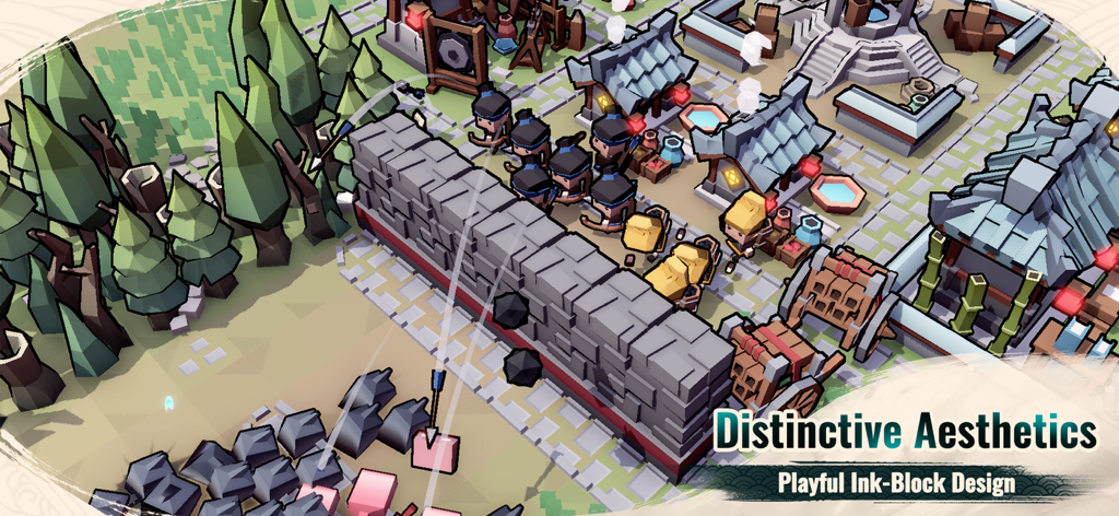 Inkvasion - Une scène de stratégie 3D en blocs dans Inkvasion présentant un mur défensif et des archers dans un design d'encre-bloc