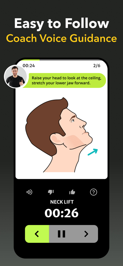 A mobile app interface displaying a neck lift exercise with voice coach guidance instructions.
