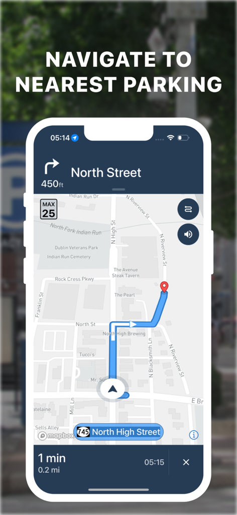 Parknav Parking app navigation interface showing a route to a parking spot on a city map.