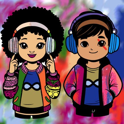 an afroamerican girl with headphones and a boy with headphones, they have an ♾️ symbol on their shirt