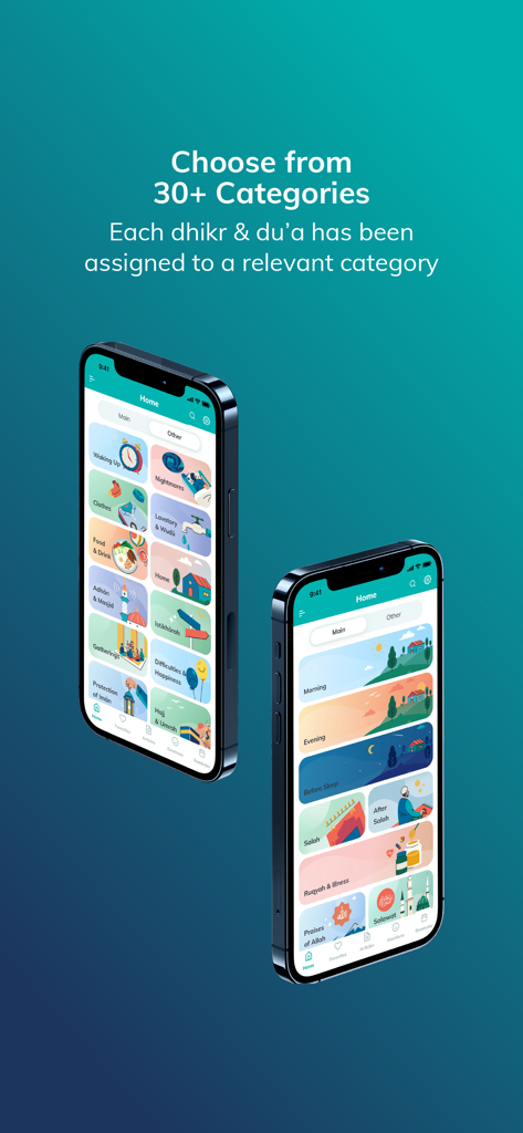 Due iPhone che mostrano l'interfaccia moderna dell'app Dhikr e Dua con varie categorie di preghiere come mattina, sera e routine quotidiane.