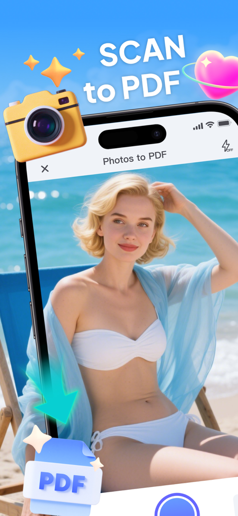 Smart PDF mobile app interface showing the scan to PDF feature converting a beach photo into a document