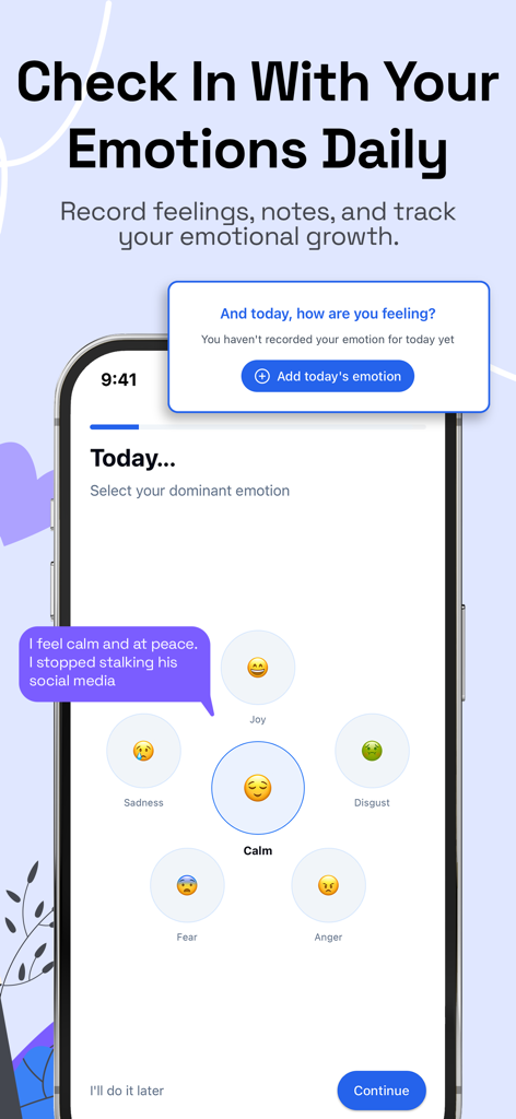 No Contact Tracker: Breakup AI - 이별 회복을 위한 감정 아이콘이 특징인 No Contact Tracker 앱 내 일일 감정 추적 화면.