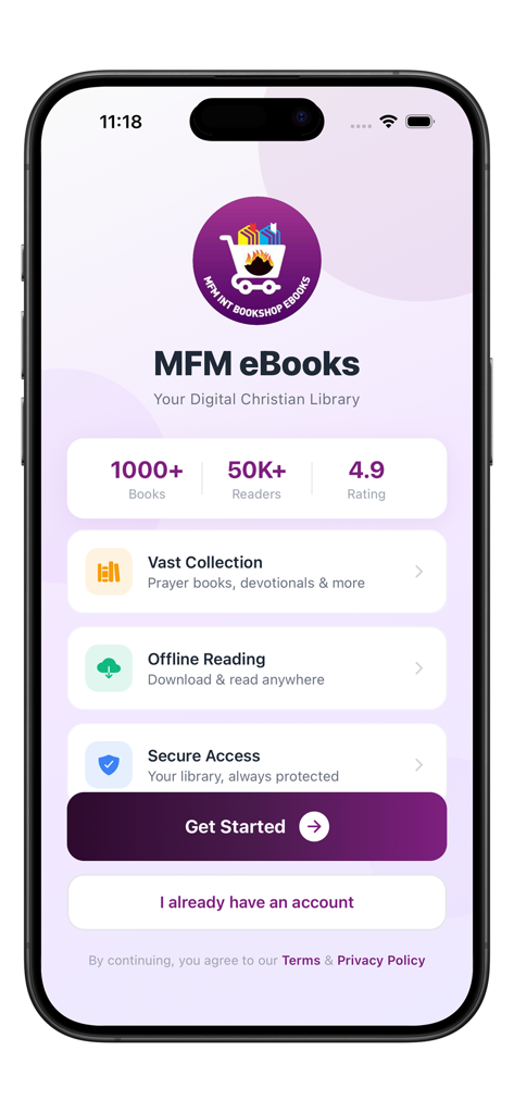 The welcome screen of the MFM eBooks app, highlighting a digital Christian library with prayer books and devotionals.