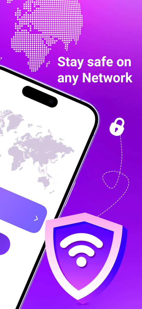 Pronto VPN – Secure, Fast VPN - Interface do aplicativo Pronto VPN com um ícone de escudo e texto dizendo Fique seguro em qualquer rede