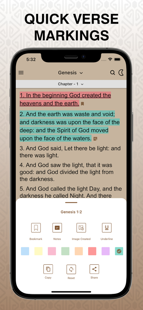 Holy King James Bible + Audio - Interfaz de la aplicación Santa Biblia Reina Valera que muestra resaltados de colores y opciones de estudio para los versículos del Génesis