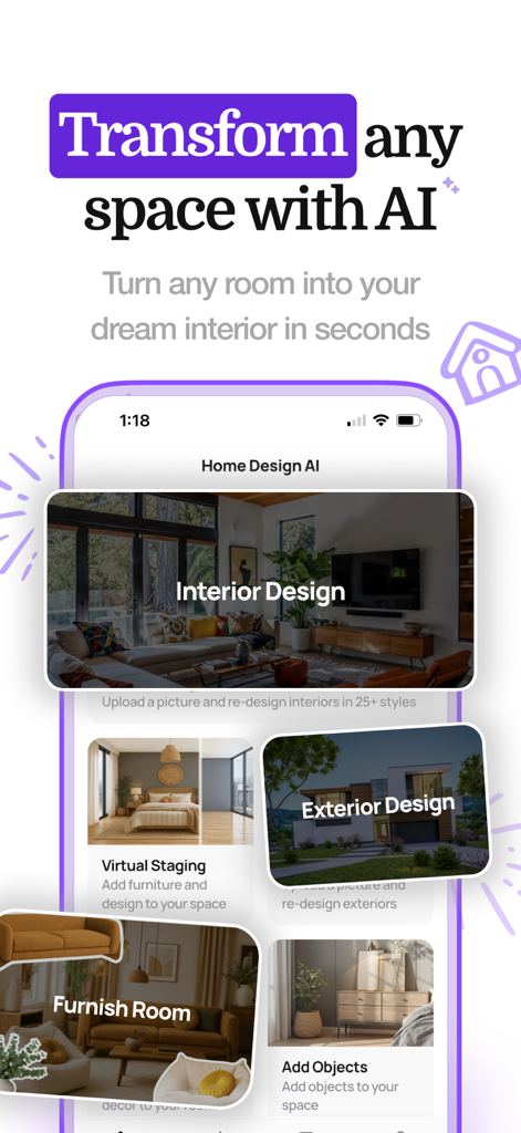 Home Design AI - Remodel Room - Aplicación móvil Home Design AI que muestra opciones de diseño de interiores y exteriores