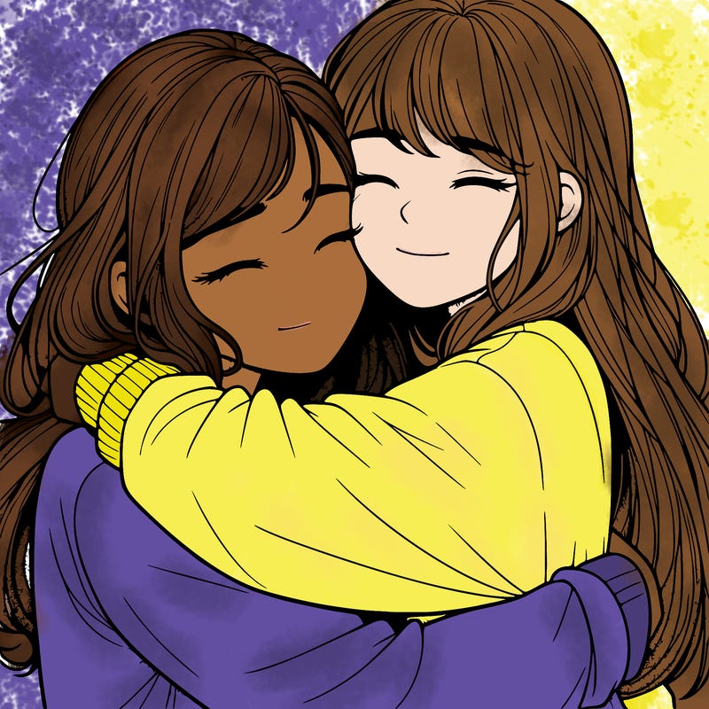 realistic two girls hugging