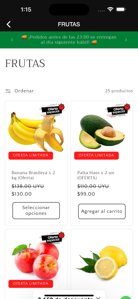 FRUMIX - Frutas y Verduras - Frumix mobile app interface showing a variety of fresh fruits like bananas and avocados with special offer prices
