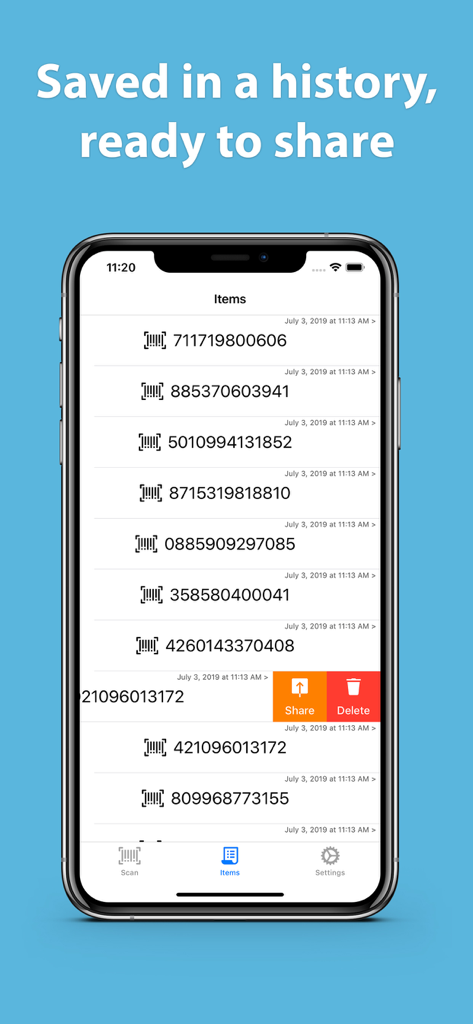 Schermata dello smartphone che mostra un elenco di codici a barre scansionati nella cronologia dell'app con opzioni per condividere o eliminare gli articoli.