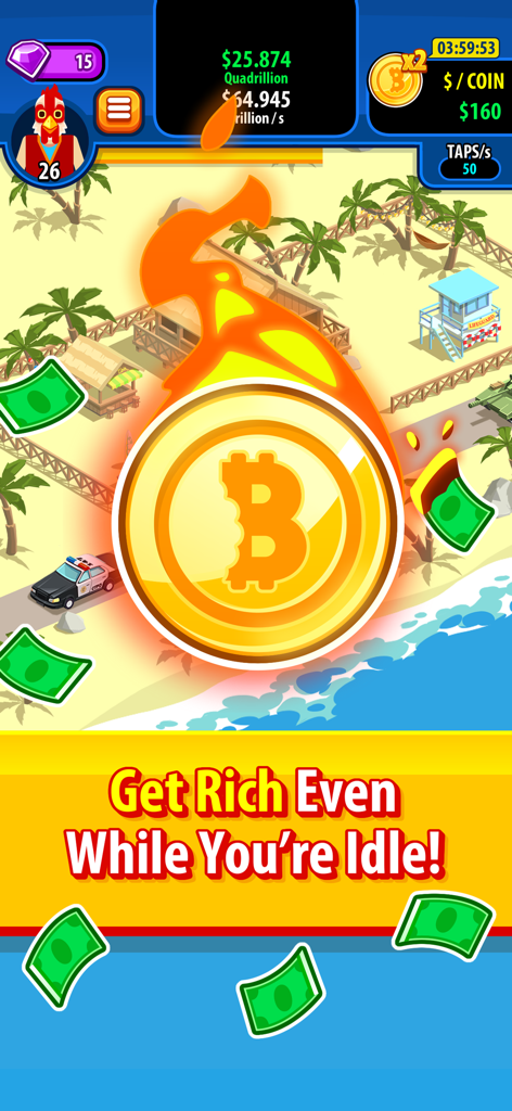 Crypto Trillionaire - A flaming bitcoin coin in the center of a tropical beach background with falling money and the text Get Rich Even While You are Idle