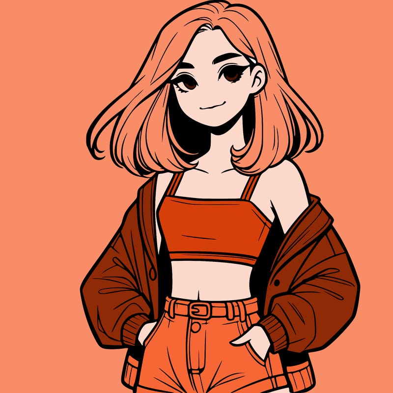 a realistic girl with a crop top and short shorts in an open jacket