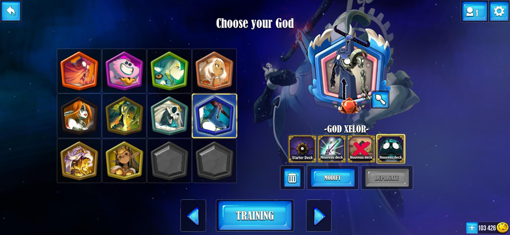 Krosmaga - Choose your God selection screen in Krosmaga featuring God Xelor and deck customization options
