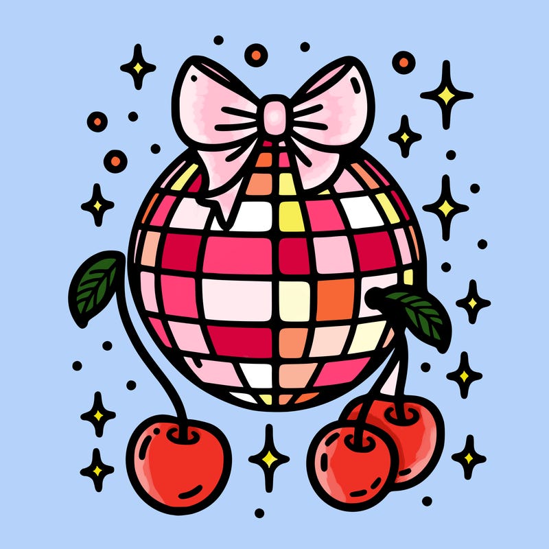 disco ball with cherries and a bow