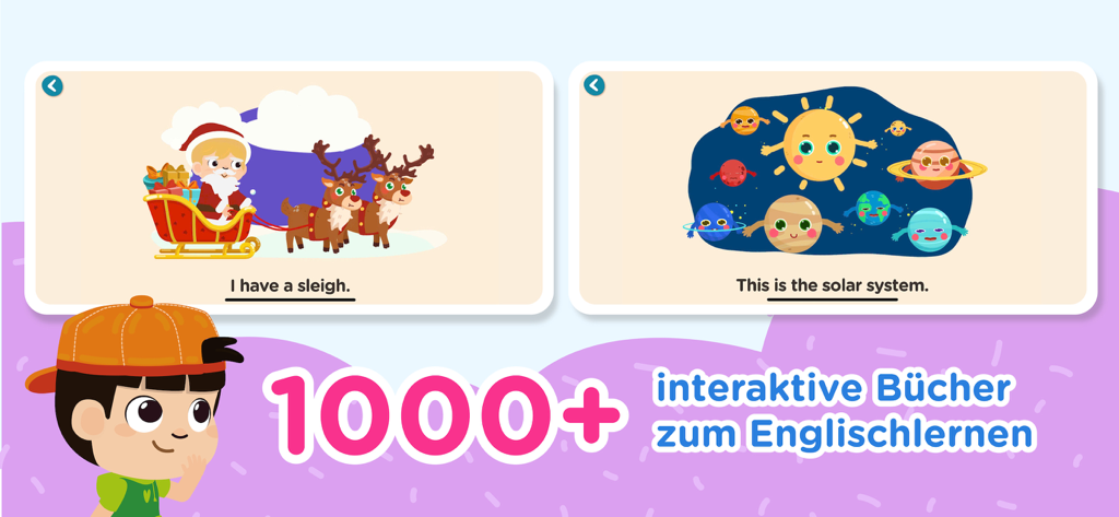 Interfaz de una aplicación educativa que muestra libros interactivos para que los niños aprendan inglés con ilustraciones de un trineo y el sistema solar