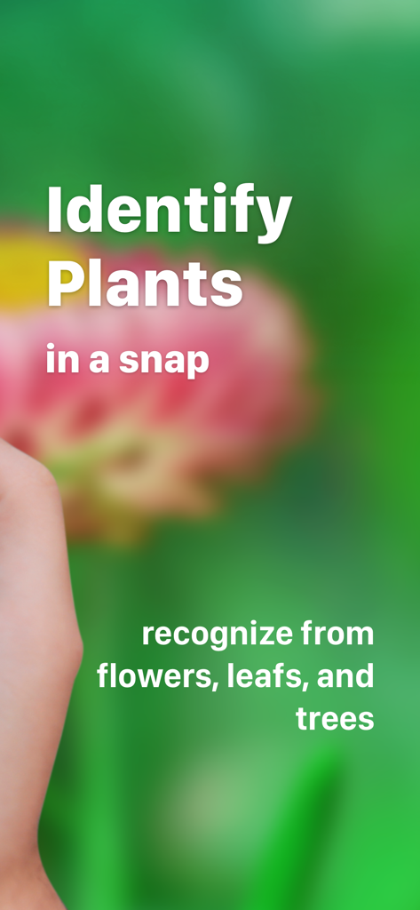 植物識別アプリの画面に、花、葉、木を認識する能力が表示されています。