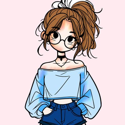 girl with a messy ponytail glasses a baggy crop top and jean shorts
