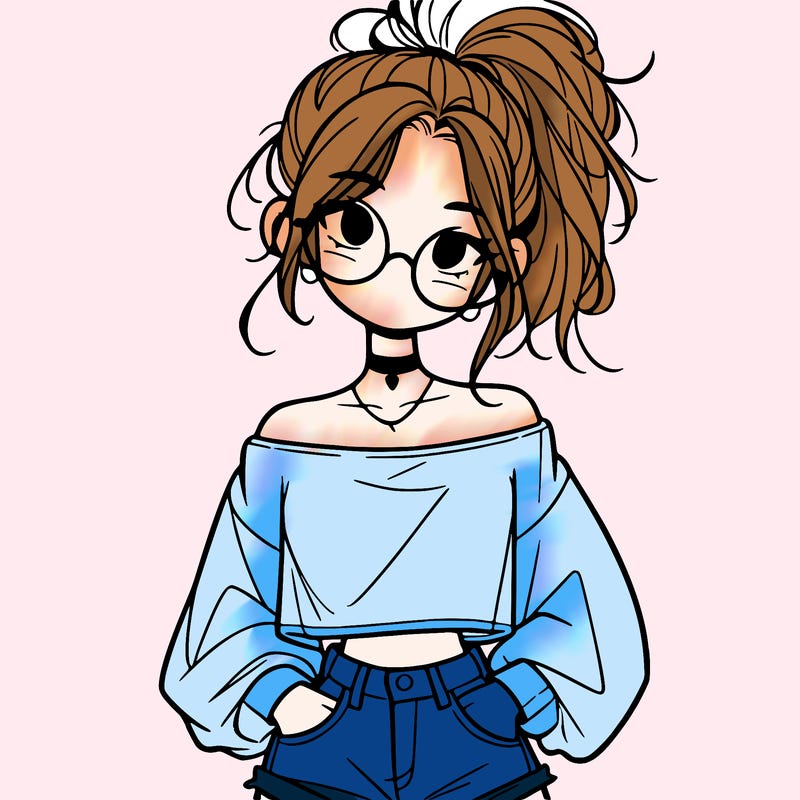 girl with a messy ponytail glasses a baggy crop top and jean shorts
