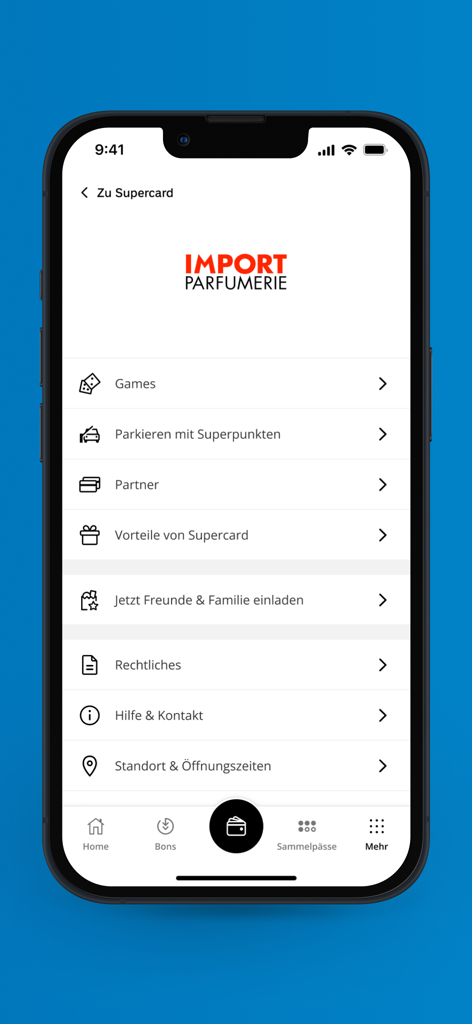 Ecrã do menu da aplicação Supercard mostrando opções para parceiros Import Parfumerie e serviços de fidelidade