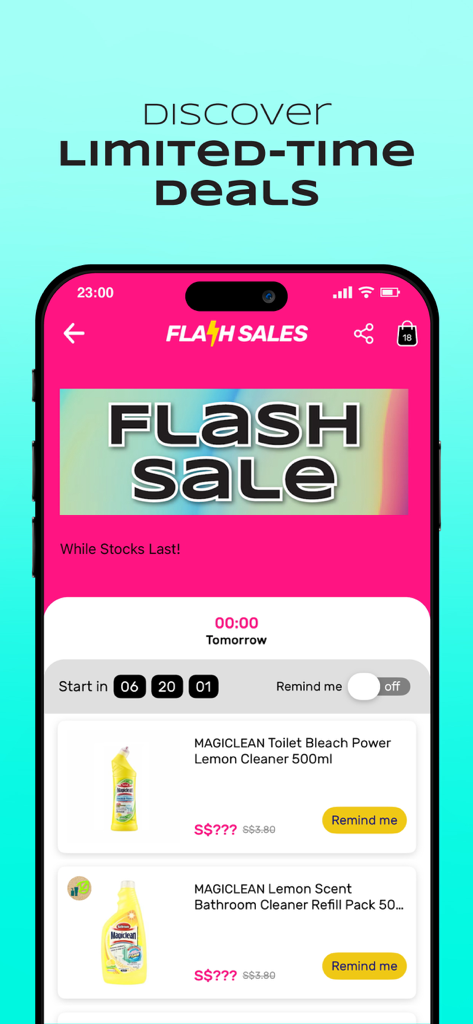 Watsons SG: Your Official App - Watsons SG app screen showing limited time flash sales and discounted household products with a countdown timer