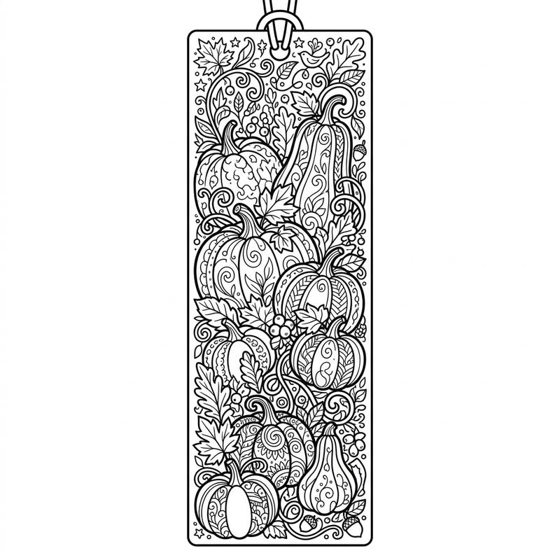 Capture the essence of autumn with this beautiful pumpkin patch coloring bookmark. Featuring an array of intricately detailed pumpkins, gourds, and fall foliage, it's perfect for cozy coloring sessions.