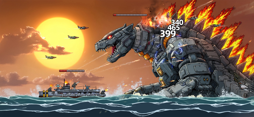 High Seas Hero - A warship engages in a boss fight against a massive mechanical sea monster at sunset.