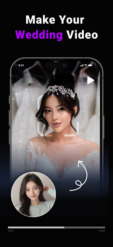 AI Faceswap: Video Face Swap - Oberfläche der AI Faceswap-App, die eine Gesichtswechsel-Transformation in einem Hochzeitsvideo zeigt