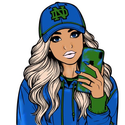 realistic girl wearing a notre dame hat holding iphone