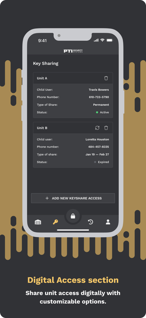 StorID - Digital key sharing management screen in the StorID app showing active and expired user access for storage units.
