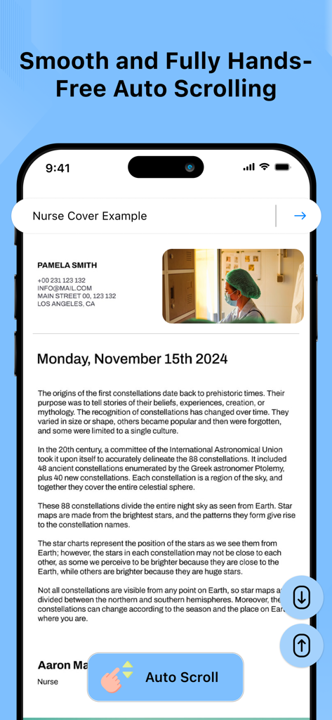 Auto Clicker - Automatic tap· - Smartphone screen showing the auto scroll feature of the Auto Clicker app on a text document