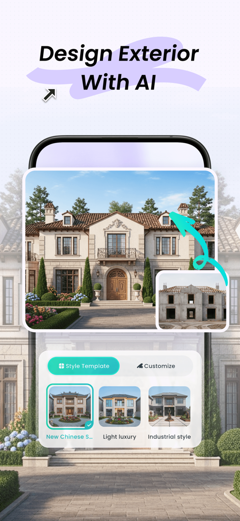 HavenAI app interface showing an AI exterior home design transformation from rough construction to a finished villa.