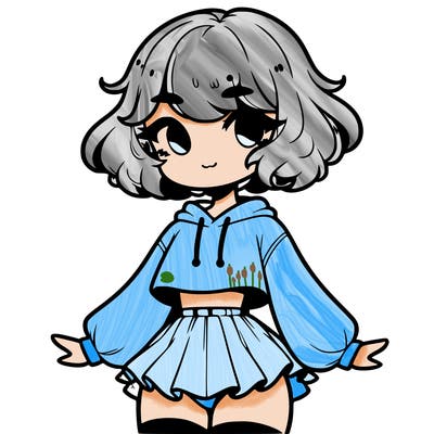cute femboy with short, fluffy hair that softly frames their face, wearing a cropped hoodie, paired with a flouncy short skirt, and thigh-high stockings