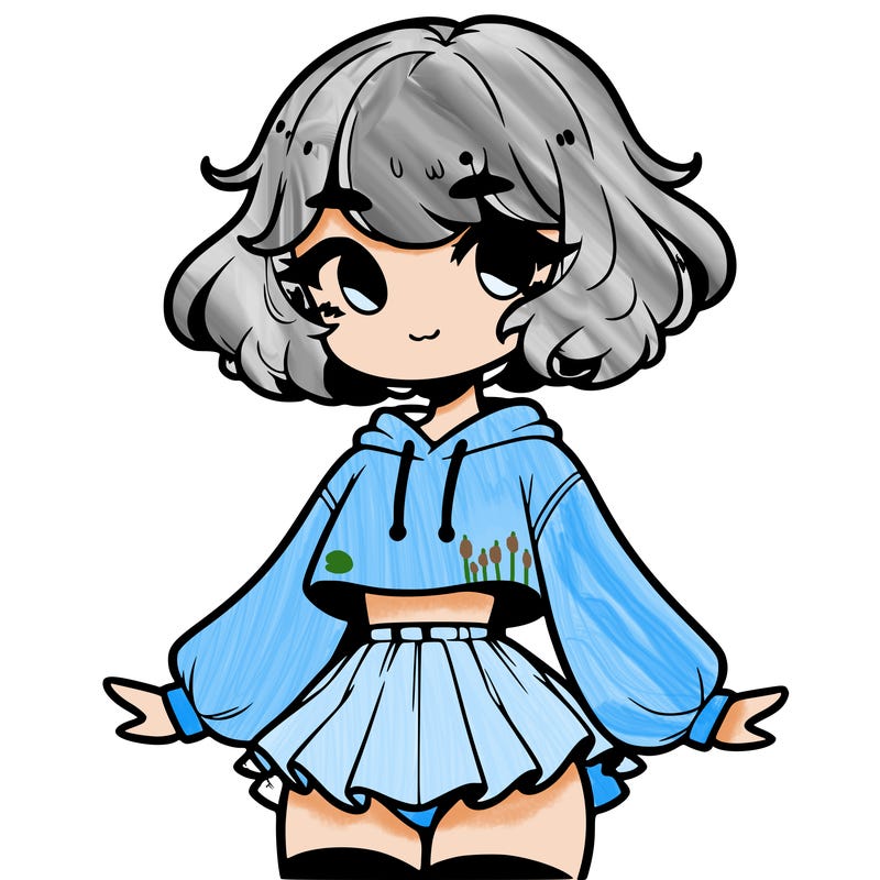 cute femboy with short, fluffy hair that softly frames their face, wearing a cropped hoodie, paired with a flouncy short skirt, and thigh-high stockings