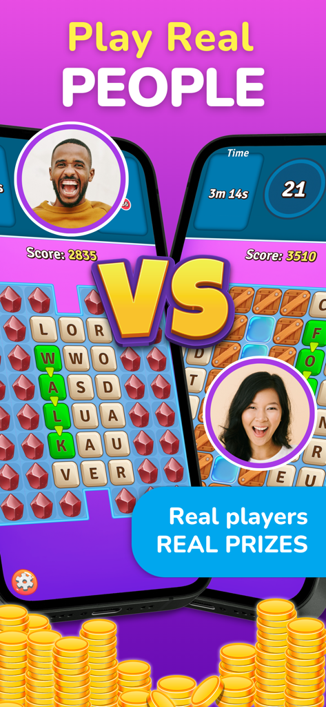 Real Prizes Word Search Game - Competição de busca de palavras cara a cara entre dois jogadores por prêmios reais