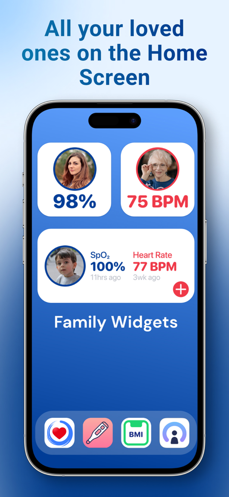Blood Oxygen App - iPhone home screen with family widgets displaying blood oxygen and heart rate levels for multiple users