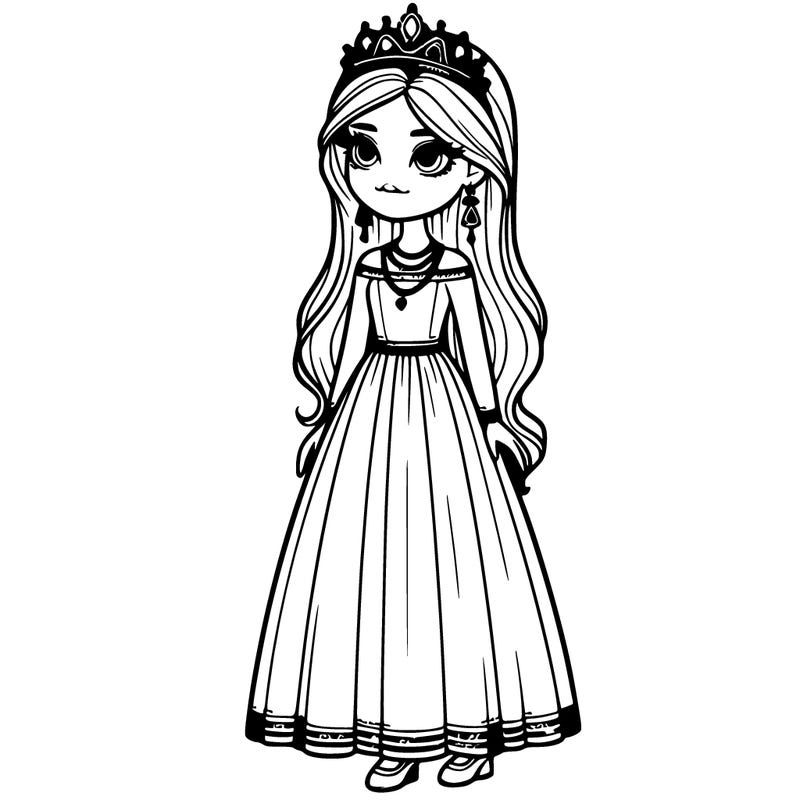 realistic tall girl with a crown and earrings and a necklace and a long dressand long hair and flat shoes