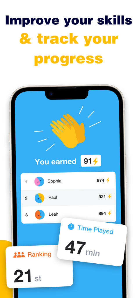 Metronautアプリのインターフェース。演奏時間ランキングと順位を含む練習の進捗状況が表示されています。