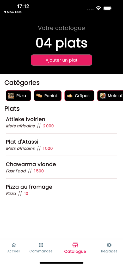 MAC Eats Restaurant - MAC Eats Restaurant App-Bildschirm, der den Menükatalog mit Lebensmittelkategorien und Gerichten anzeigt