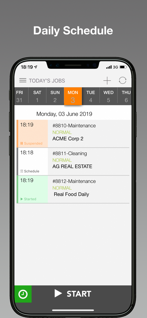 Synchroteam app screenshot showing the daily schedule and job center for field service technicians