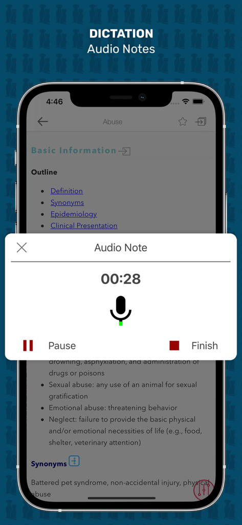 A screenshot of the Veterinary Advisor app featuring the dictation and audio notes recording tool.